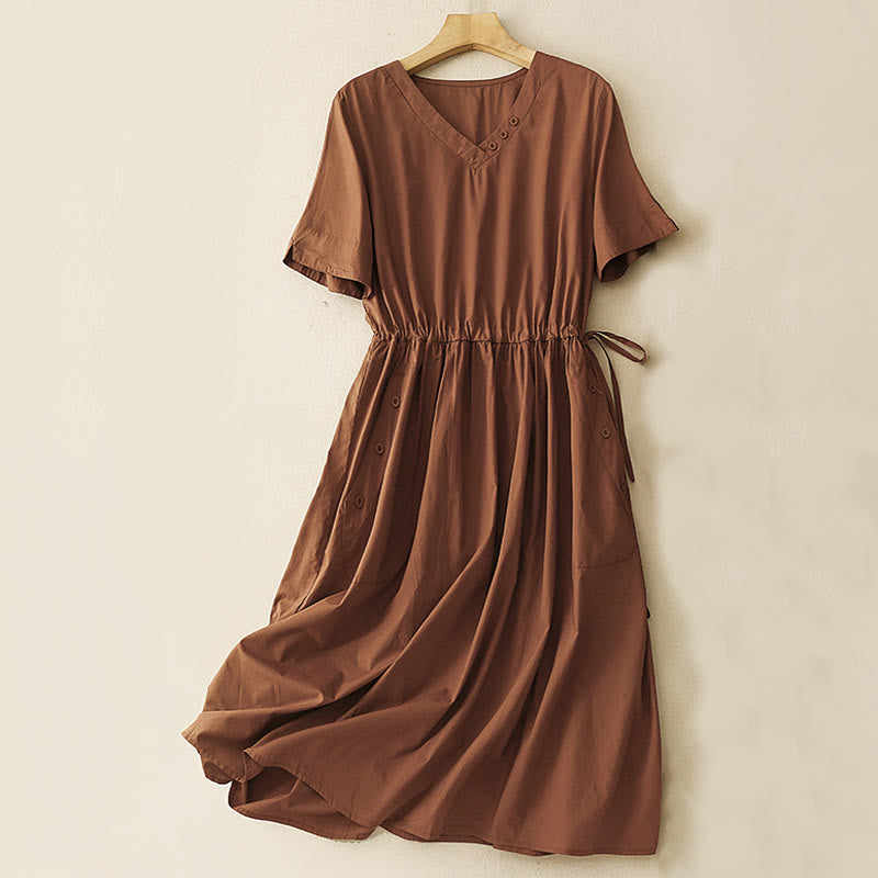 Buddha Stones Spring Plain V-neck Design Half Sleeve Cotton Linen Midi Dress With Pockets