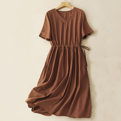 Buddha Stones Spring Plain V-neck Design Half Sleeve Cotton Linen Midi Dress With Pockets