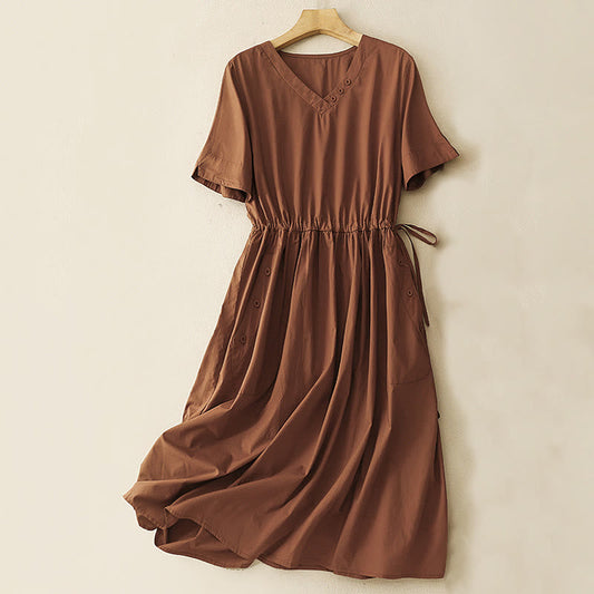 Buddha Stones Spring Plain V-neck Design Half Sleeve Cotton Linen Midi Dress With Pockets
