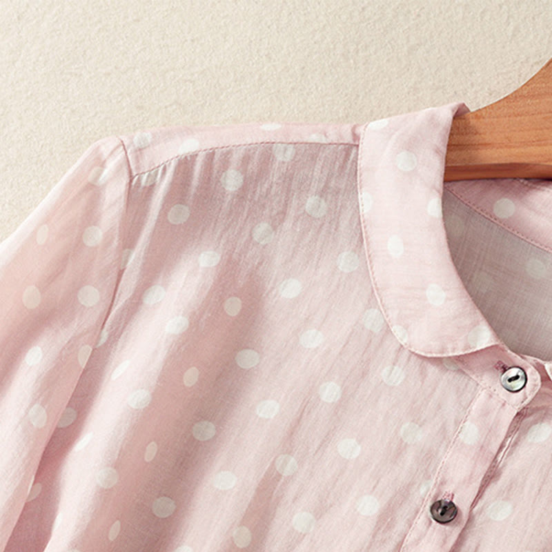Buddha Stones Spring Polka Dot Button Stand Collar Polyester Midi Dress With Pockets