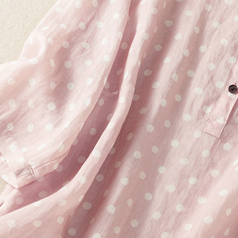 Buddha Stones Spring Polka Dot Button Stand Collar Polyester Midi Dress With Pockets