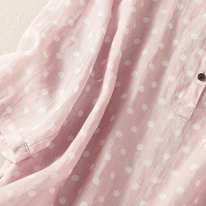 Buddha Stones Spring Polka Dot Button Stand Collar Polyester Midi Dress With Pockets