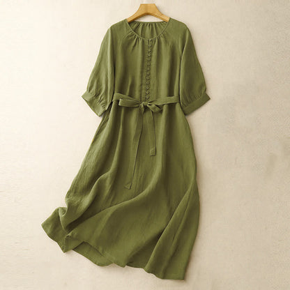 Buddha Stones Spring Plain Crew Neck Lace-up Half Sleeve Cotton Linen Midi Dress