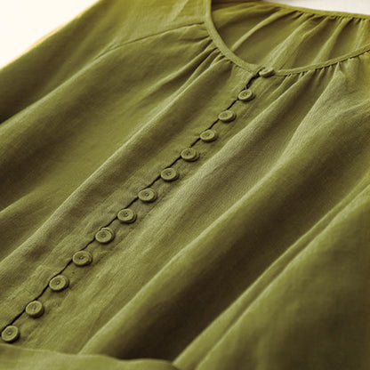 Buddha Stones Spring Plain Crew Neck Lace-up Half Sleeve Cotton Linen Midi Dress
