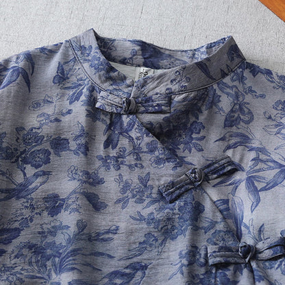 Buddha Stones Flower Leaf Print Frog-Button Half Sleeve Mandarin Collar Cotton Midi Dress