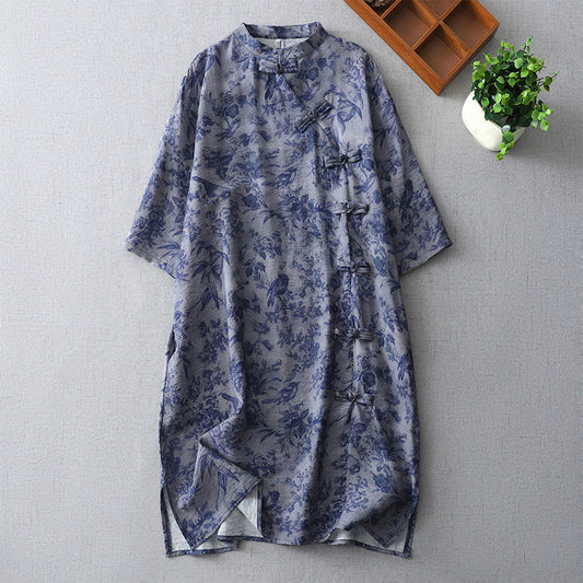 Buddha Stones Flower Leaf Print Frog-Button Half Sleeve Mandarin Collar Cotton Midi Dress