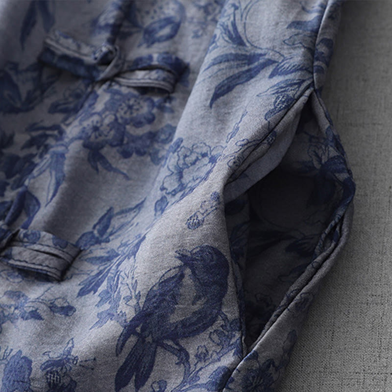 Buddha Stones Flower Leaf Print Frog-Button Half Sleeve Mandarin Collar Cotton Midi Dress
