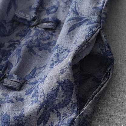 Buddha Stones Flower Leaf Print Frog-Button Half Sleeve Mandarin Collar Cotton Midi Dress