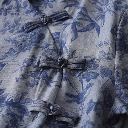 Buddha Stones Flower Leaf Print Frog-Button Half Sleeve Mandarin Collar Cotton Midi Dress