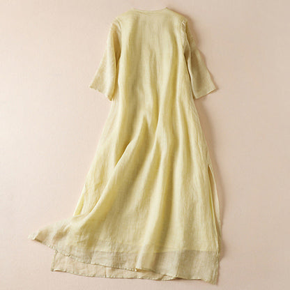 Buddha Stones Embroidered Leaf Crew Neck Half Sleeve Cotton Fiber Midi Dress