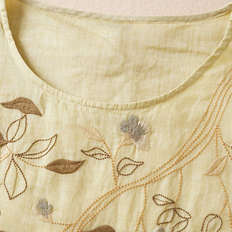Buddha Stones Embroidered Leaf Crew Neck Half Sleeve Cotton Fiber Midi Dress