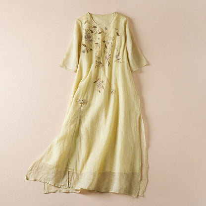 Buddha Stones Embroidered Leaf Crew Neck Half Sleeve Cotton Fiber Midi Dress
