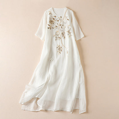 Buddha Stones Embroidered Leaf Crew Neck Half Sleeve Cotton Fiber Midi Dress