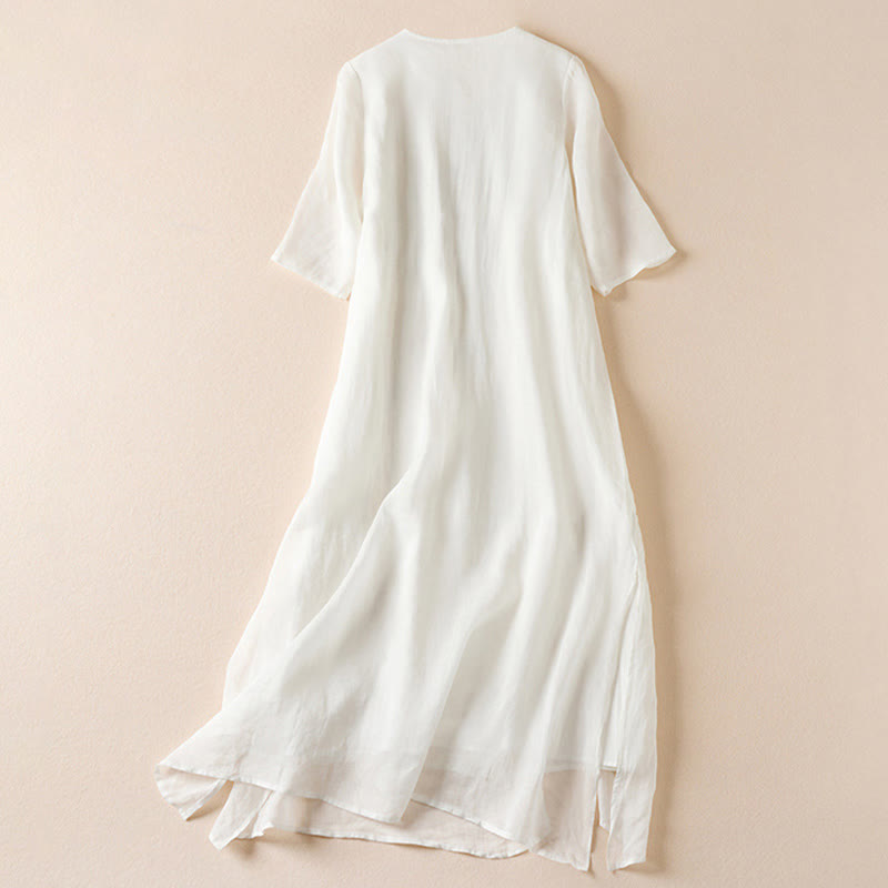 Buddha Stones Embroidered Leaf Crew Neck Half Sleeve Cotton Fiber Midi Dress
