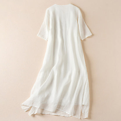 Buddha Stones Embroidered Leaf Crew Neck Half Sleeve Cotton Fiber Midi Dress