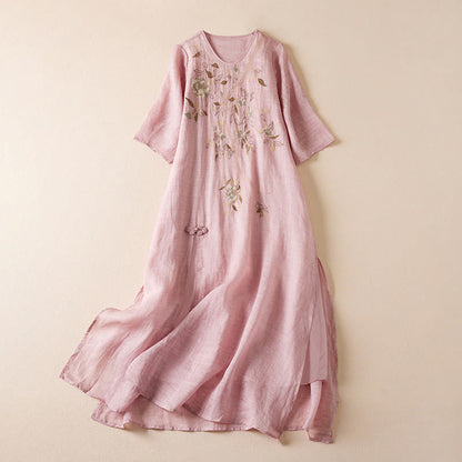 Buddha Stones Embroidered Leaf Crew Neck Half Sleeve Cotton Fiber Midi Dress