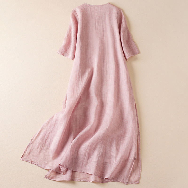 Buddha Stones Embroidered Leaf Crew Neck Half Sleeve Cotton Fiber Midi Dress