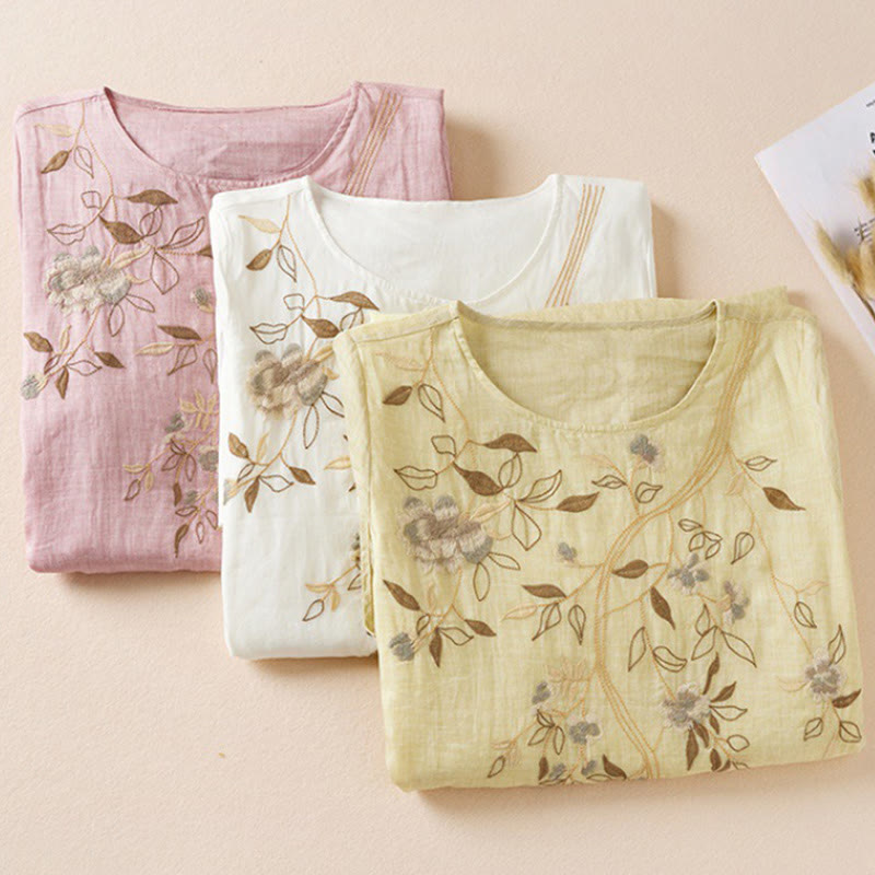 Buddha Stones Embroidered Leaf Crew Neck Half Sleeve Cotton Fiber Midi Dress