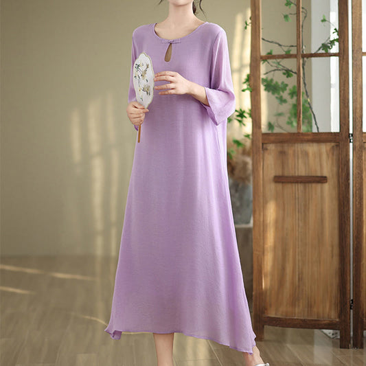 Buddha Stones Casual Plain Frog-Button Crew Neck Three Quarter Sleeve Cotton Midi Dress