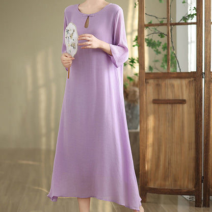 Buddha Stones Casual Plain Frog-Button Crew Neck Three Quarter Sleeve Cotton Midi Dress