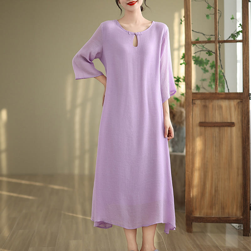 Buddha Stones Casual Plain Frog-Button Crew Neck Three Quarter Sleeve Cotton Midi Dress
