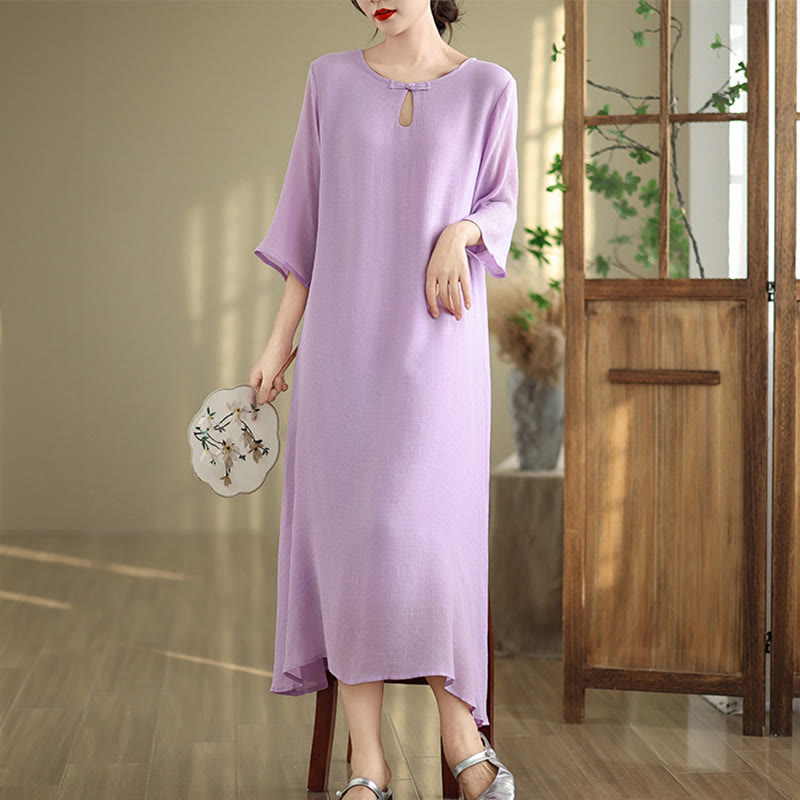 Buddha Stones Casual Plain Frog-Button Crew Neck Three Quarter Sleeve Cotton Midi Dress