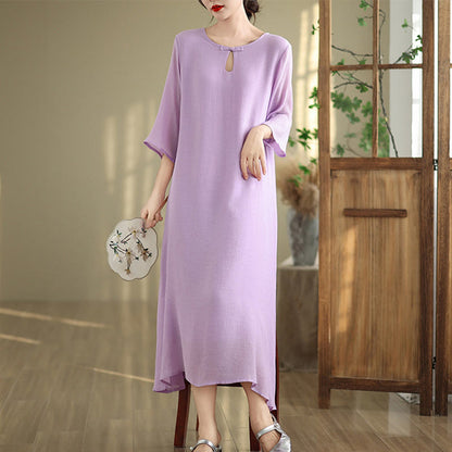 Buddha Stones Casual Plain Frog-Button Crew Neck Three Quarter Sleeve Cotton Midi Dress