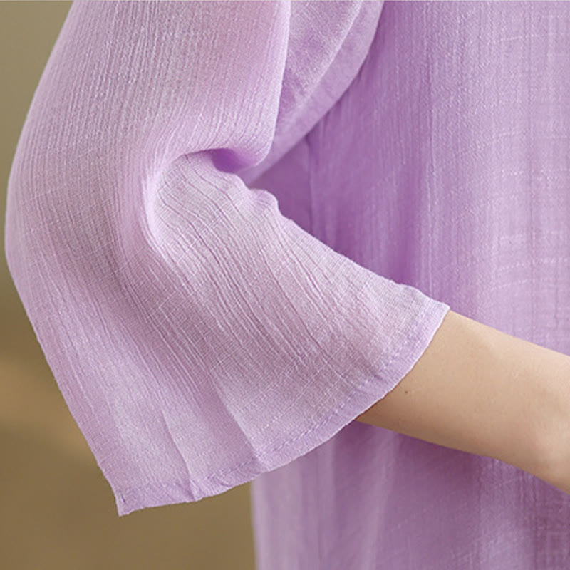 Buddha Stones Casual Plain Frog-Button Crew Neck Three Quarter Sleeve Cotton Midi Dress