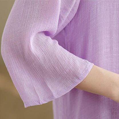 Buddha Stones Casual Plain Frog-Button Crew Neck Three Quarter Sleeve Cotton Midi Dress