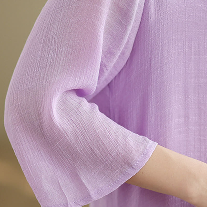 Buddha Stones Casual Plain Frog-Button Crew Neck Three Quarter Sleeve Cotton Midi Dress