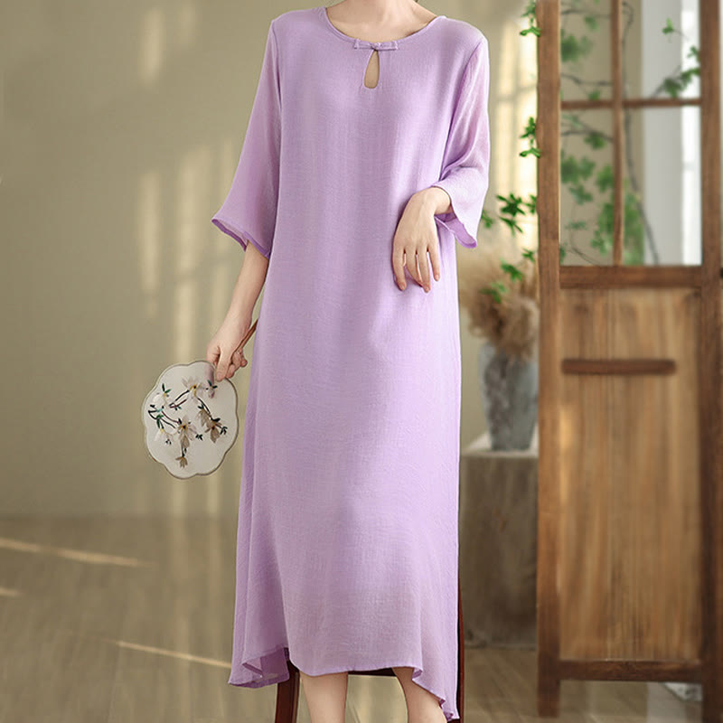 Buddha Stones Casual Plain Frog-Button Crew Neck Three Quarter Sleeve Cotton Midi Dress