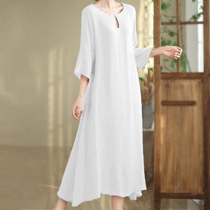 Buddha Stones Casual Plain Frog-Button Crew Neck Three Quarter Sleeve Cotton Midi Dress
