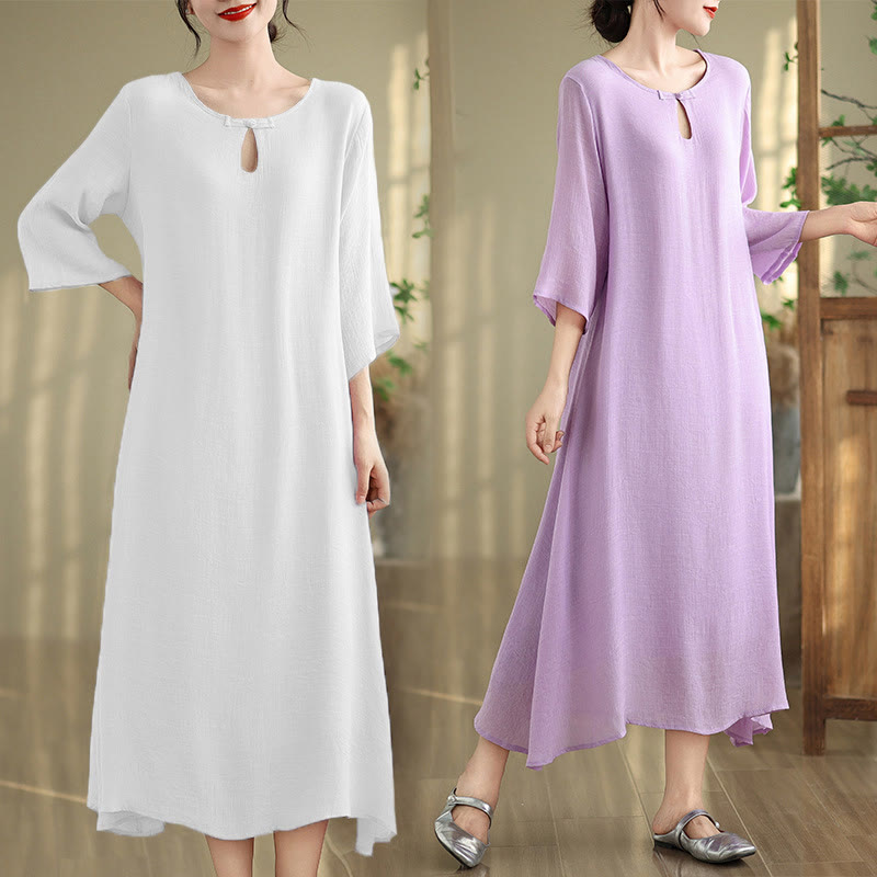 Buddha Stones Casual Plain Frog-Button Crew Neck Three Quarter Sleeve Cotton Midi Dress