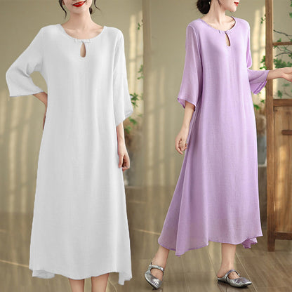 Buddha Stones Casual Plain Frog-Button Crew Neck Three Quarter Sleeve Cotton Midi Dress