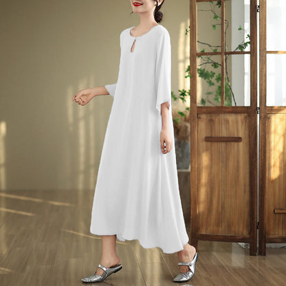 Buddha Stones Casual Plain Frog-Button Crew Neck Three Quarter Sleeve Cotton Midi Dress