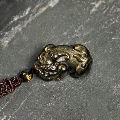 Buddha Stones Gold Sheen Obsidian PiXiu Wealth Rope Necklace Pendant