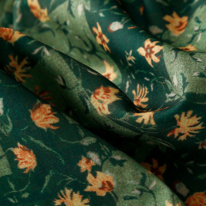 Buddha Stones Spring Flower Printed V-neck Half Sleeve Cotton Linen Midi Dress With Pockets