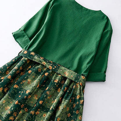 Buddha Stones Spring Flower Printed V-neck Half Sleeve Cotton Linen Midi Dress With Pockets