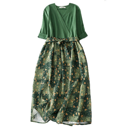 Buddha Stones Spring Flower Printed V-neck Half Sleeve Cotton Linen Midi Dress With Pockets