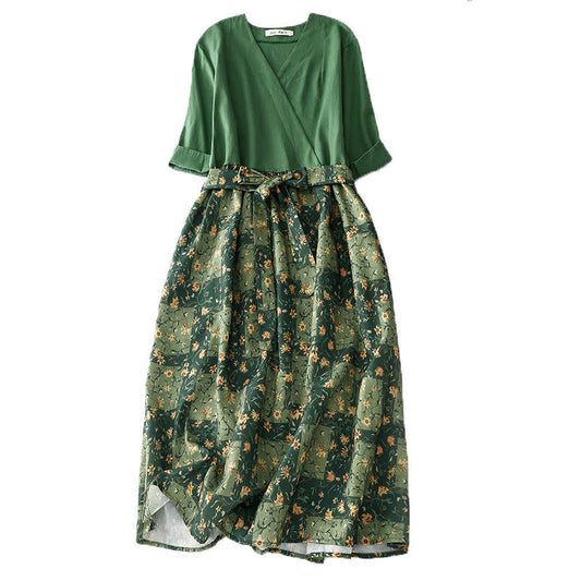 Buddha Stones Spring Flower Printed V-neck Half Sleeve Cotton Linen Midi Dress With Pockets