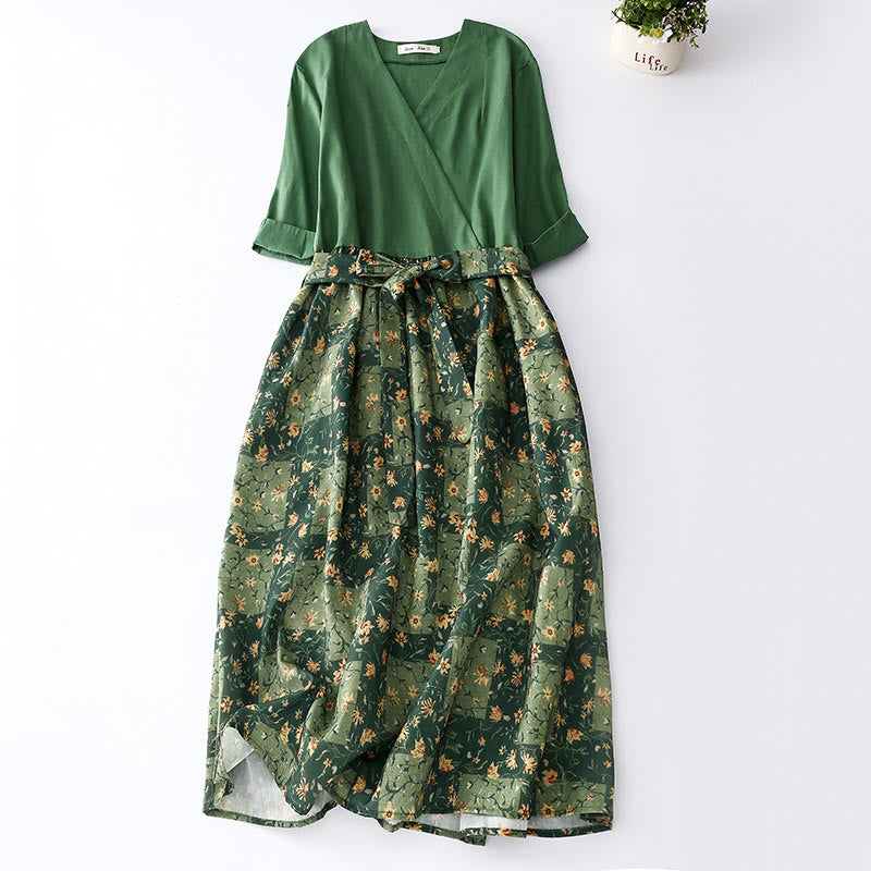 Buddha Stones Spring Flower Printed V-neck Half Sleeve Cotton Linen Midi Dress With Pockets