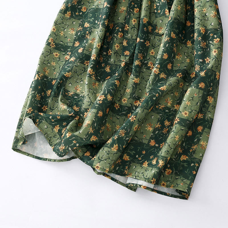 Buddha Stones Spring Flower Printed V-neck Half Sleeve Cotton Linen Midi Dress With Pockets