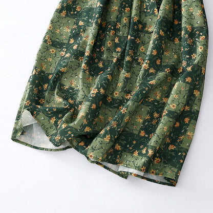 Buddha Stones Spring Flower Printed V-neck Half Sleeve Cotton Linen Midi Dress With Pockets