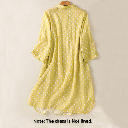 Buddha Stones Spring Polka Dot Button Stand Collar Polyester Midi Dress With Pockets