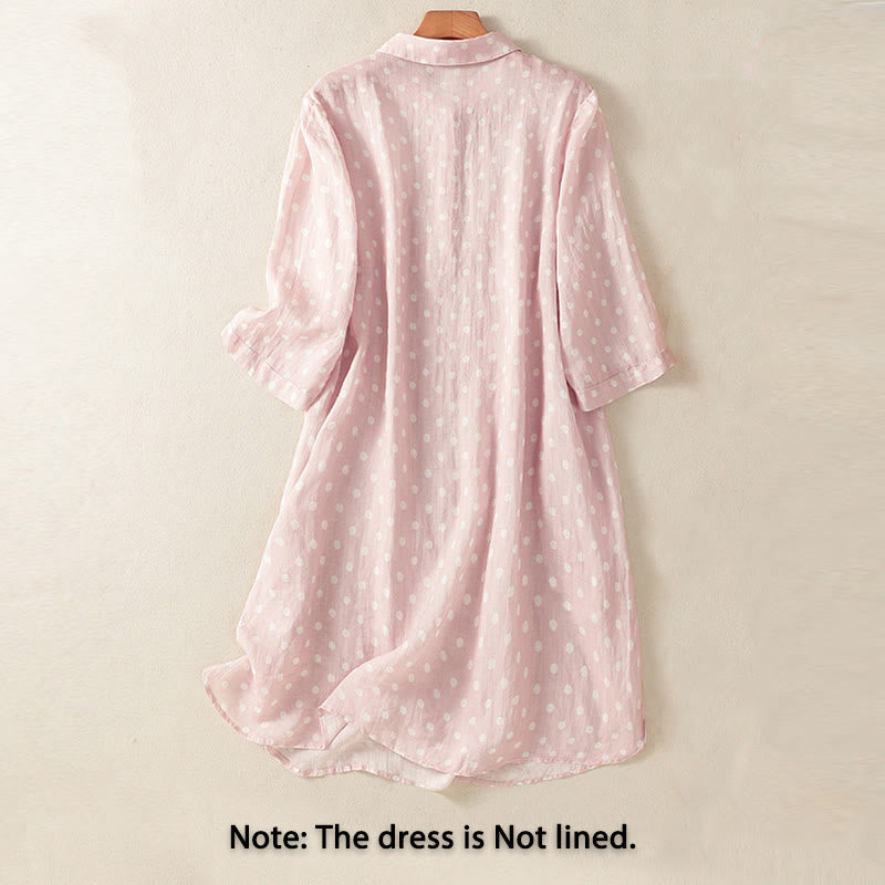 Buddha Stones Spring Polka Dot Button Stand Collar Polyester Midi Dress With Pockets