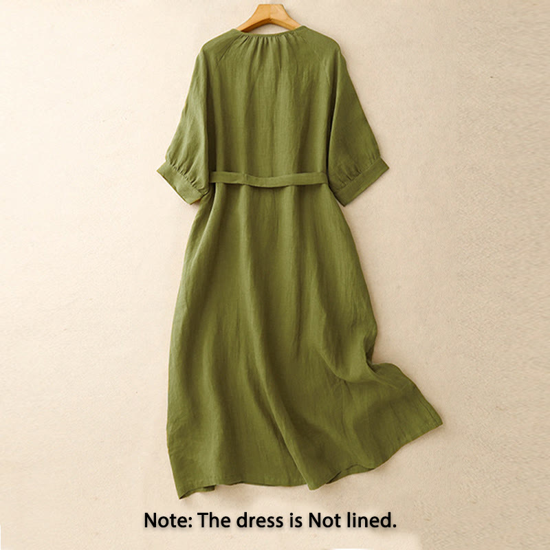 Buddha Stones Spring Plain Crew Neck Lace-up Half Sleeve Cotton Linen Midi Dress