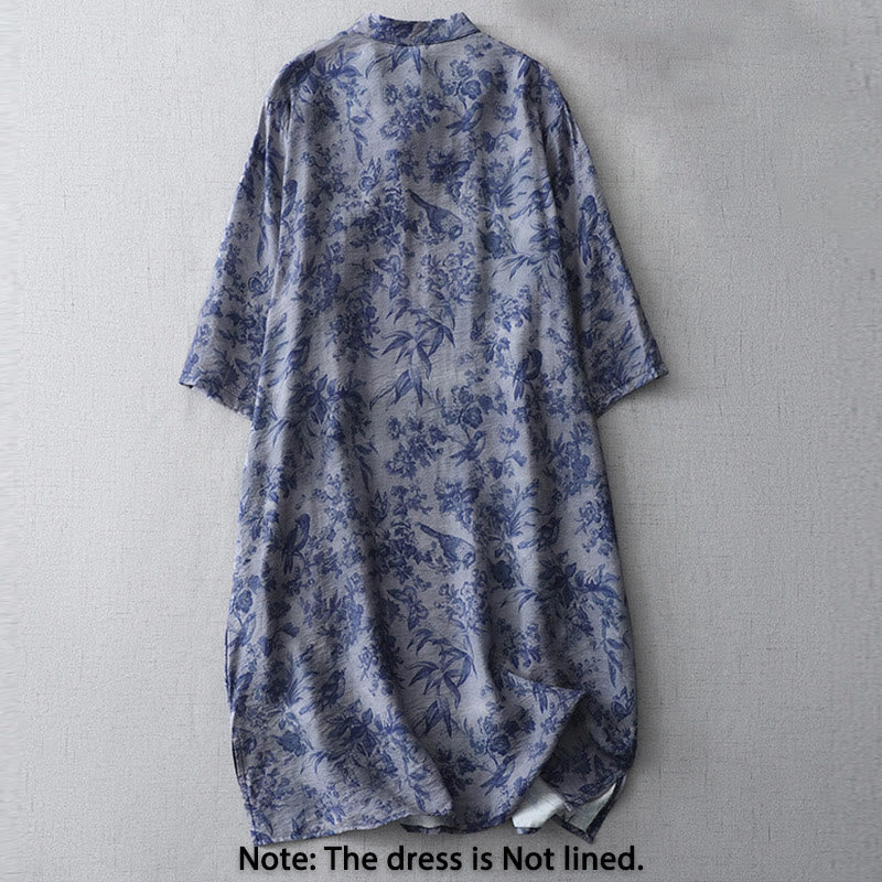 Buddha Stones Flower Leaf Print Frog-Button Half Sleeve Mandarin Collar Cotton Midi Dress