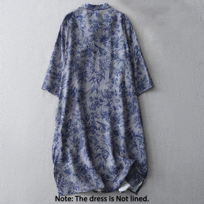 Buddha Stones Flower Leaf Print Frog-Button Half Sleeve Mandarin Collar Cotton Midi Dress