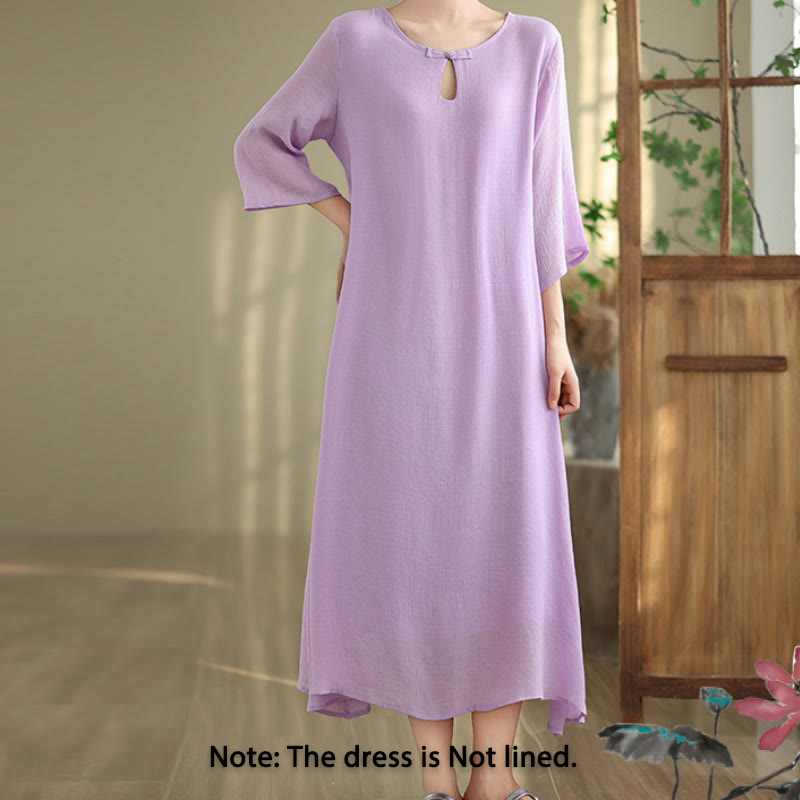 Buddha Stones Casual Plain Frog-Button Crew Neck Three Quarter Sleeve Cotton Midi Dress