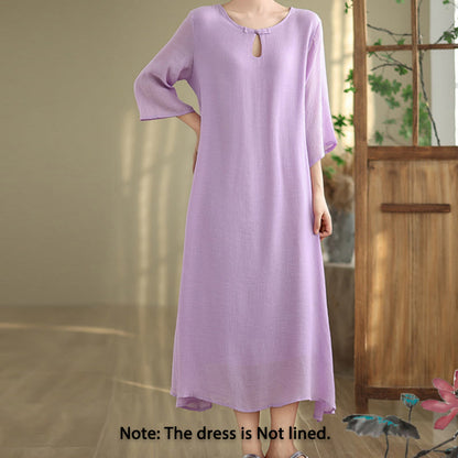 Buddha Stones Casual Plain Frog-Button Crew Neck Three Quarter Sleeve Cotton Midi Dress